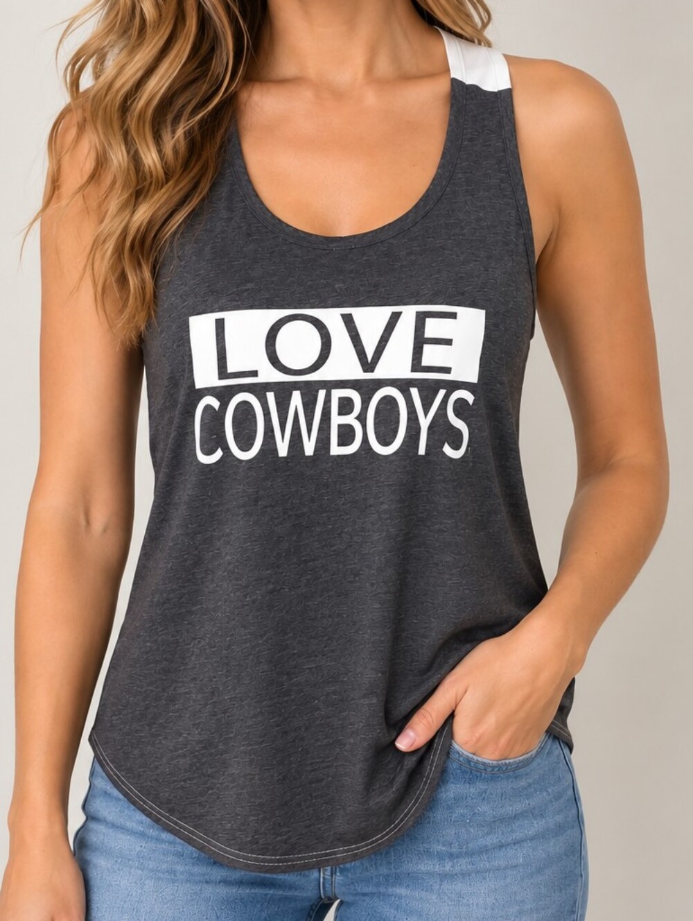 U-TRAU Women’s Love Cowboys Twist Back Tank Top Gray White Size M NWT